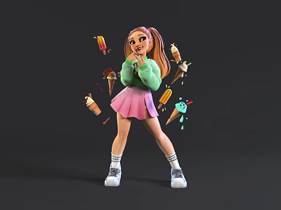 Playful Woman In Green Sweater And Pink Skirt Surrounded By Colorful Ice Creams 3d model