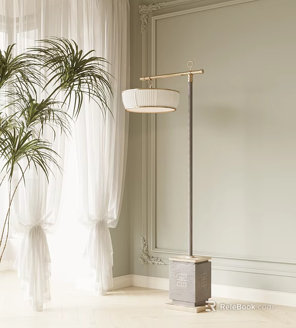 Modern Floor Lamp With White Fabric Shade Metal Stand And Green Plant Curtains 3d model 
