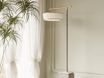 Modern Floor Lamp With White Fabric Shade Metal Stand And Green Plant Curtains 3d model
