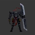 Detailed 3D Warrior Figure in Black Armor With Giant Sword and Red Cape