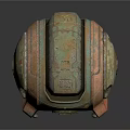 Vintage Weathered Mechanical Device with Orange Green Yellow Accents Circular Lens and Metallic Bolts