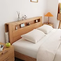 Wooden Modern Double Bed with White Sheets Bedside Shelf Nightstand Lamp Potted Plant Natural Light