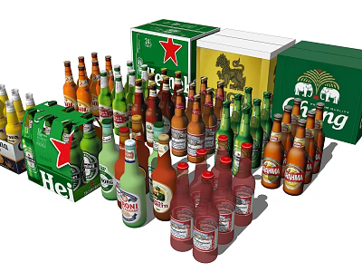 Colorful Beer Bottles and Wine Glasses with Heineken Chang Boxes Collection 3d model