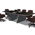 Modern Conference Table With Pink Office Chairs Laptop And Green Cup