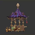Purple Blue Decorative Canopy Wooden Table with Teapot Cups Towel Colorful Mat Daily Items