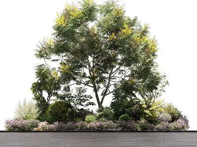 Tree With Lush Green Leaves Yellow Blooms Purple Flowers And Surrounding Shrubs On Wooden Floor 3d model
