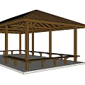 Wooden Garden Pavilion With Brown Roof And Benches On White Platform
