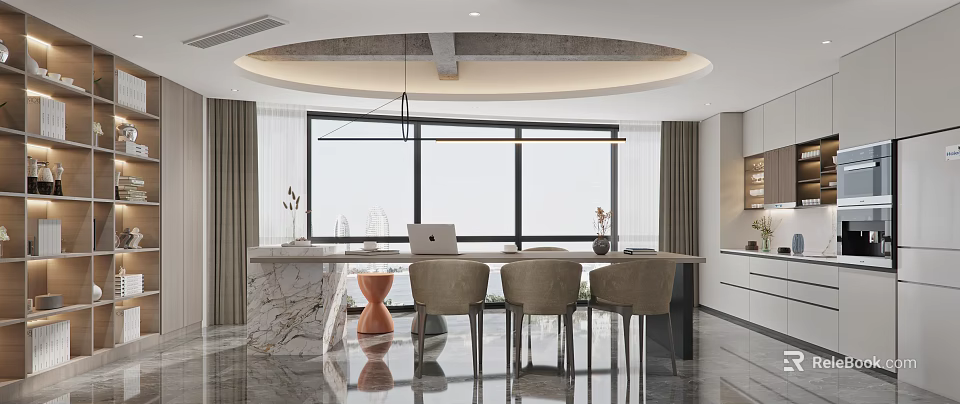 Modern Lounge Interior With Marble Counter Table Three Chairs Large Window Curtains And Decorative Vases 3d model 