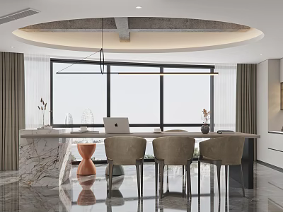 Modern Lounge Interior With Marble Counter Table Three Chairs Large Window Curtains And Decorative Vases 3d model