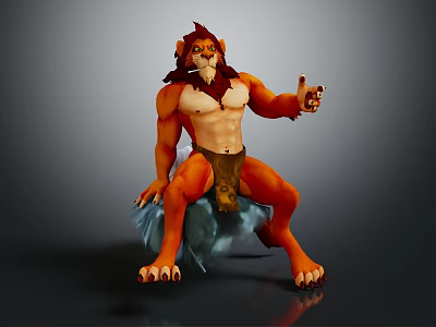 Anthropomorphic Lion Character With Red Mane Muscular Build Sitting On Blue Base 3d model