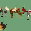 Group of Moose with Various Sizes Different Colors and Yellow Dark Antlers on Green Background