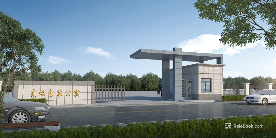 Zhijia Mansion Entrance Gate Gray Structure Metal Gate Surrounded By Trees Greenery And Blue Sky 3d model 