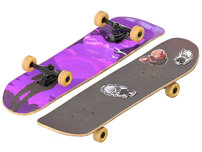 Two Skateboards With Purple And Dark Designs Featuring Character Graphics For Sports Use 3d model