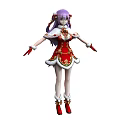 Woman with purple twin ponytails wearing red gold dress white fur trim red gloves boots