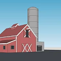 Red Barn With Silver Silo White Trim And Windows Under Blue Sky