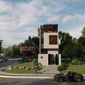 Modern Detached Villa Surrounded By Trees With Grey Facade Glass Windows And Lawn