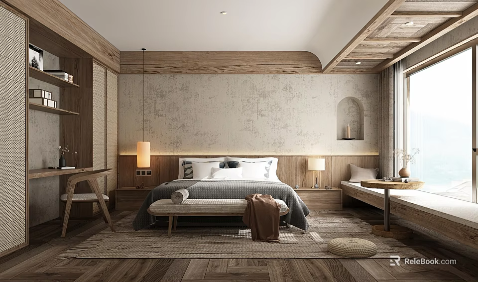 Hotel Guest Room With Wooden Design Comfortable Bed Headboard Table Lamps Window Bench And Desk 3d model 
