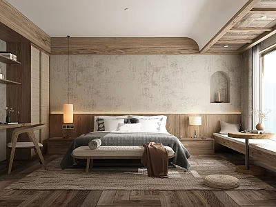 Hotel Guest Room With Wooden Design Comfortable Bed Headboard Table Lamps Window Bench And Desk 3d model