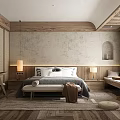 Hotel Guest Room With Wooden Design Comfortable Bed Headboard Table Lamps Window Bench And Desk