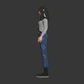 3D Female Character With Gray Turtleneck Blue Geometric Jeans And Silver Mechanical Legs