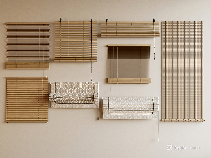 Various Natural Toned Window Blinds With Different Textures And Styles For Home Decor 3d model 