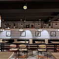 Modern Industrial Café Interior With Wooden Tables Hanging Lights And Brick Walls