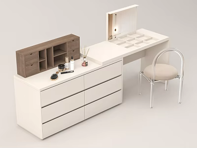 Modern White Dressing Table With Mirror Storage Compartments And Accent Chair 3d model