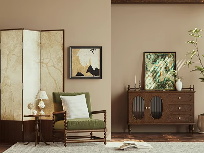 Chinese Style Lazy Sofa With Green Upholstery Wooden Side Table Screen And Decorative Art 3d model