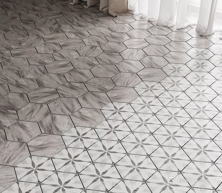 Gray And White Hexagonal Floor Tiles With Star Pattern And Marble Texture Design 3d model 