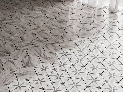 Gray And White Hexagonal Floor Tiles With Star Pattern And Marble Texture Design 3d model