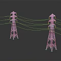 Red and White Transmission Towers With Power Lines and Reflections on Gray Background