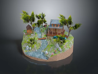 Cartoon Scenic Model Featuring Log Cabin Small Stream Green Trees And Rocks 3d model