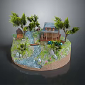 Cartoon Scenic Model Featuring Log Cabin Small Stream Green Trees And Rocks