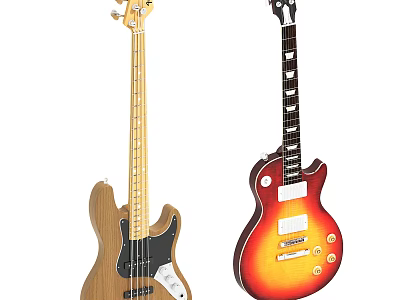 Wooden Electric Bass And Orange Gradient Electric Guitar Musical Instruments Display Collection 3d model
