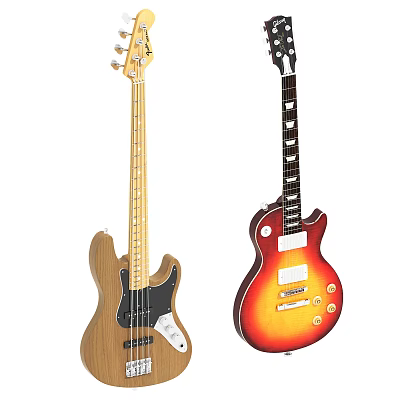 Wooden Electric Bass And Orange Gradient Electric Guitar Musical Instruments Display Collection 3d model