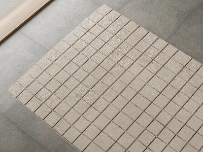 Square Beige Grid Pattern Woven Rug for Bathroom on Gray Tile Floor with Wooden Border 3d model
