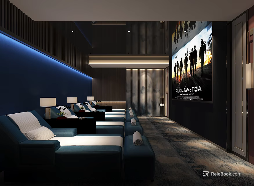 Modern SPA Sauna Interior With Blue Recliners LED Lighting And Large TV Screen 3d model 
