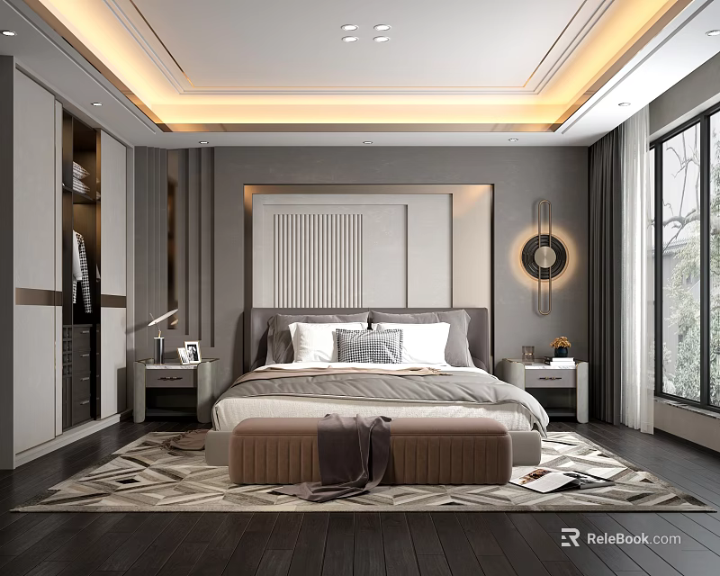 Modern Bedroom Interior Design With Comfortable Bed Nightstands Patterned Rug Wall Decor And Window 3d model 