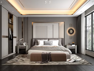 Modern Bedroom Interior Design With Comfortable Bed Nightstands Patterned Rug Wall Decor And Window 3d model