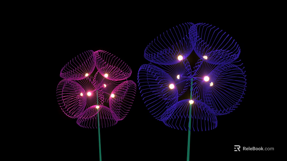 Illuminated Decorative Lights with Wireframe Flower Shape and Purple Pink Glow 3d model 