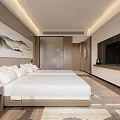 Hotel Guest Room With Double Beds White Sheets Landscape Painting And Wall TV