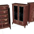 Three Vintage Wooden Wardrobes With Glass Doors Distressed Finish And Interior Shelves
