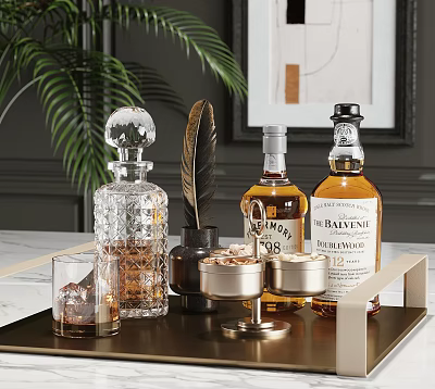 Elegant Wine Bottles And Glasses With Crystal Decanter On Tray 3d model Elegant Wine Bottles And Glasses With Crystal Decanter On Tray 3d model