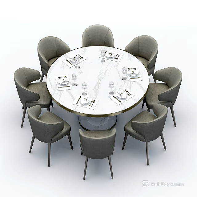 Elegant Round Dining Table Set With Gray Chairs And Marble Tabletop Tableware Water Glasses 3d model