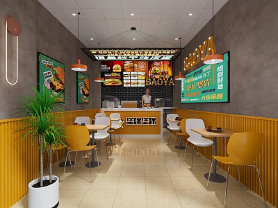 Modern Restaurant Interior With Yellow White Chairs Pendant Lights Plants And Menu Board 3d model