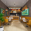 Modern Restaurant Interior With Yellow White Chairs Pendant Lights Plants And Menu Board