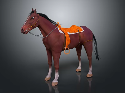 Brown Horse Standing With Orange Saddle And Bridle On Gray Background 3d model