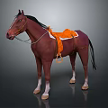 Brown Horse Standing With Orange Saddle And Bridle On Gray Background