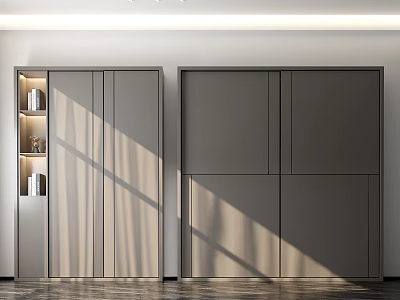 Modern Gray Wardrobe With Double Doors And Open Storage Shelves Design 3d model