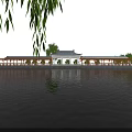 Traditional Chinese Garden Landscape With Wooden Corridor Red Lanterns Willow Trees And Waterfront Reflections
